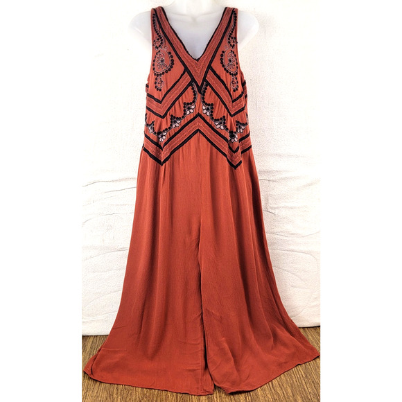 Anthropologie Maeve Desert Embroidered Jumpsuit Burnt Orange Wide Leg Sz 0 - Picture 1 of 9